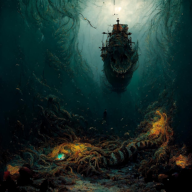 Digital huge sea monster with sharp teeth occupying shining treasures in a corrupt chest around a cracked sunken ship in the deep ocean digital illustration