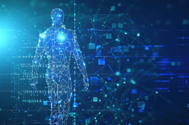 A digital human figure walking through a network of data and lines in a futuristic blue background