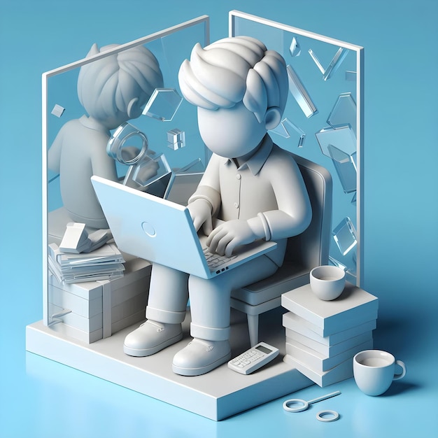 Photo digital illustration 3d cartoon office scene with glass mirror