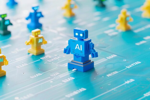 Digital illustration of AI icons on a blue circuit board symbolizing the integration of artificial