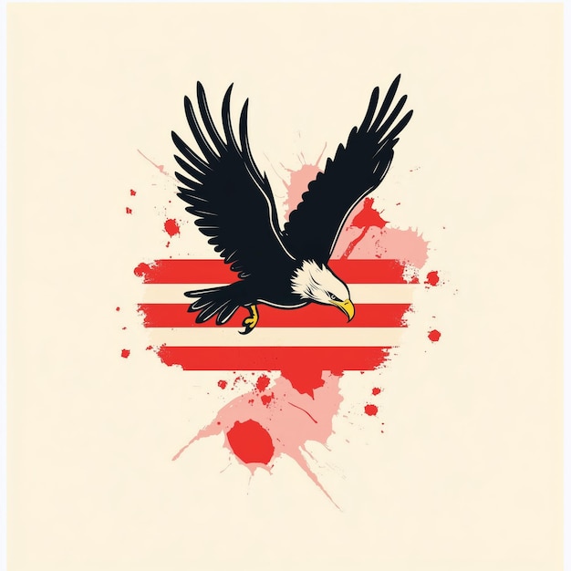 A digital illustration of a bald eagle soaring above red stripes and watercolor splashes The eagle i