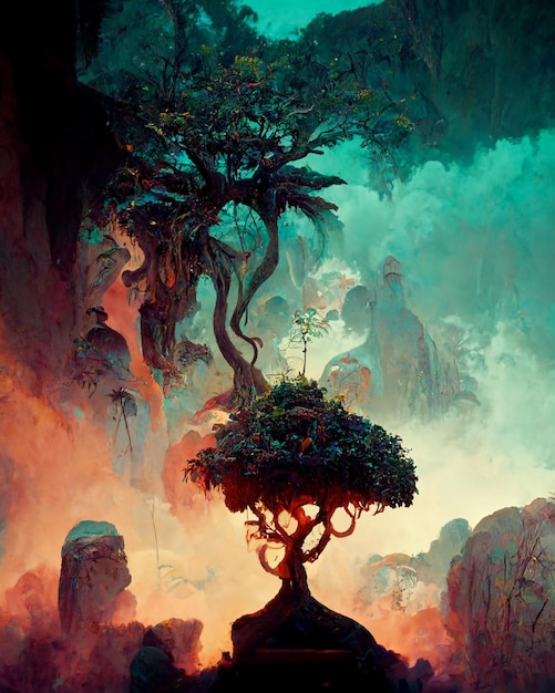 Digital illustration of a beautiful tree inside a cave in a fantasy landscape. Space scenery.