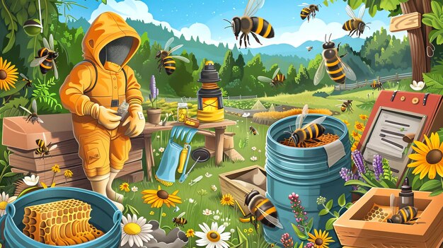 Photo digital illustration of beekeeping activities and equipment in a pastoral setting apiary tools and beekeeper in a meadow concept of sustainable bee farming honey production rural livelihoods