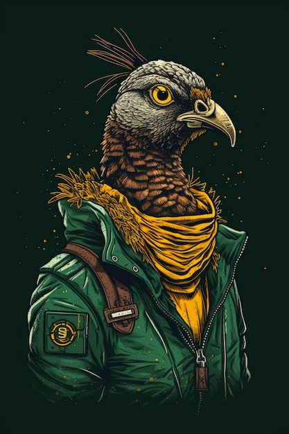 A digital illustration of a bird wearing a green jacket with a yellow tag.