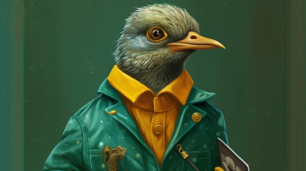 A digital illustration of a bird wearing a green