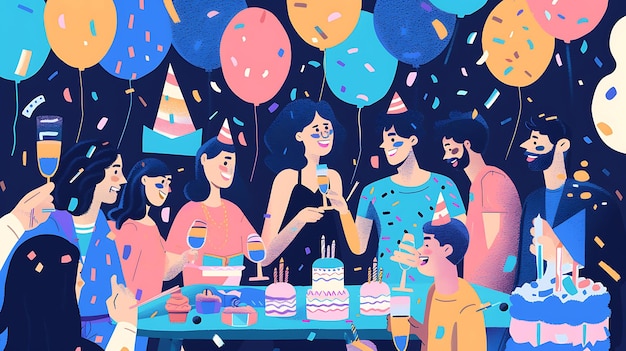 Photo a digital illustration of a birthday party with a birthday cake and a birthday cake