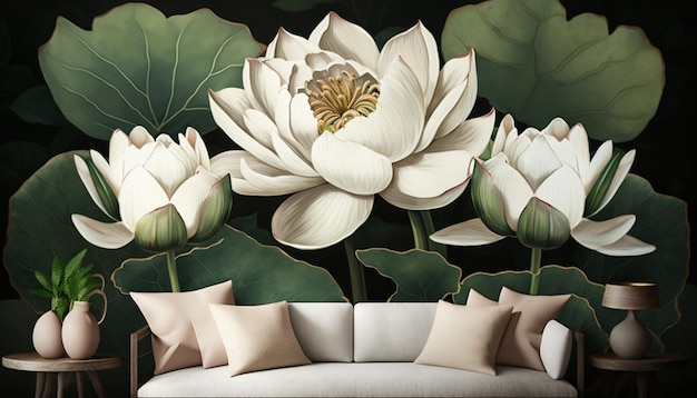 Digital illustration of blooming white lotus flowers and green leaves Home decor wallpaper wallpaper for walls