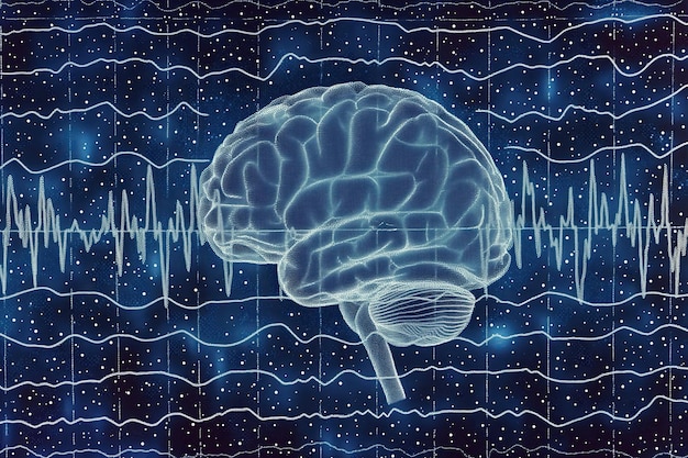 Photo digital illustration of a brain with neural activity and electroencephalogram eeg lines in the background