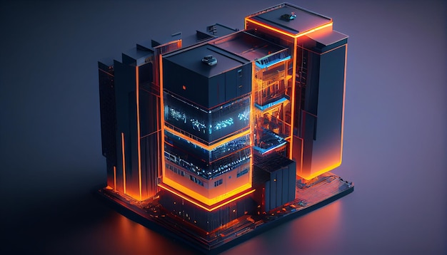 A digital illustration of a building with orange lights.