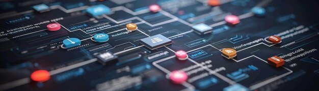 Photo digital illustration of a business process flowchart with tech elements like servers and clouds