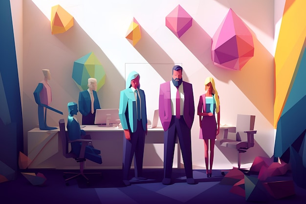 A digital illustration of a business team in front of a wall with colorful shapes.