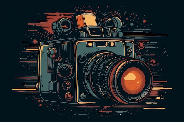 A digital illustration of a camera with a red background.