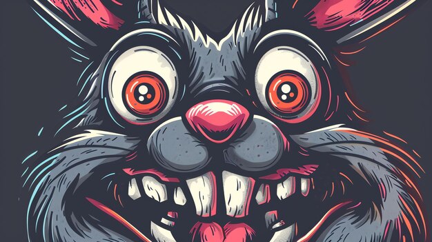 A digital illustration of a cartoon rabbit with big bulging eyes a wide toothy grin and long floppy ears