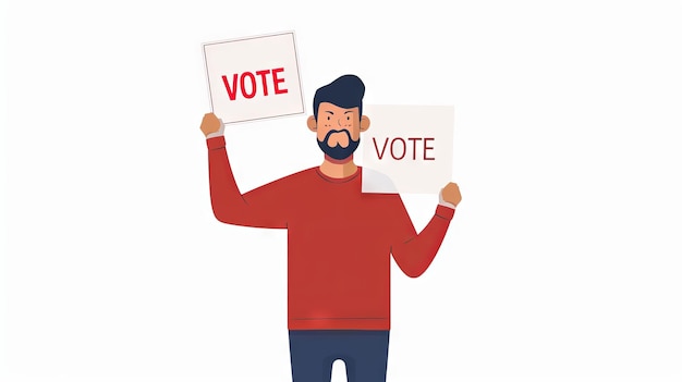 Digital illustration of Caucasian man holding bold VOTE sign Male voter Concept of elections voting politics personal empowerment citizen rights political advocacy Isolated on white background