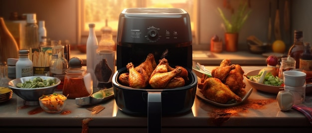 A digital illustration of a chicken roasting in a kitchen.