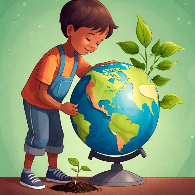 A digital illustration of a child planting a sapling on a globe