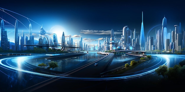 A digital illustration of a city with a blue sky and a city in the background.