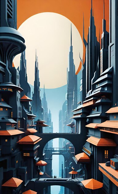 a digital illustration of a city with a bridge and a city in the background