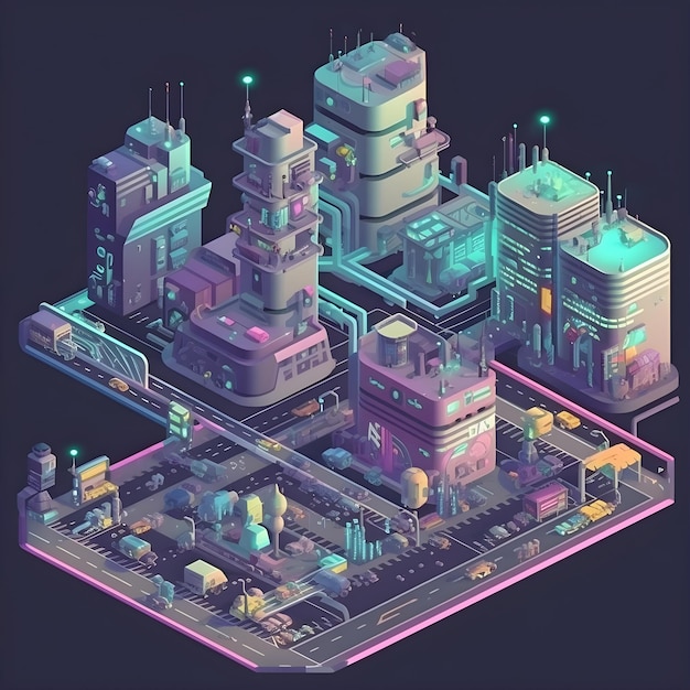 A digital illustration of a city with a neon effect.