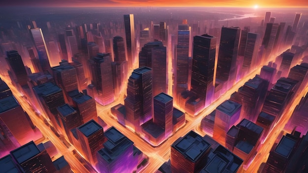 Photo a digital illustration of a cityscape aglow with sunset colors