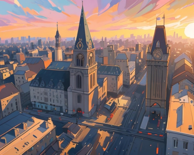 a digital illustration of a cityscape with a clock tower and a city in the background.