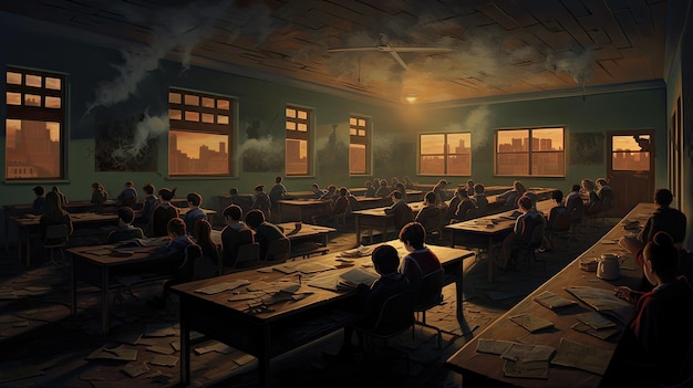 a digital illustration of a classroom with a person sitting in the middle.