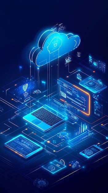 A digital illustration of a cloud computing network with a laptop tablet and smartphone connected to a cloud icon