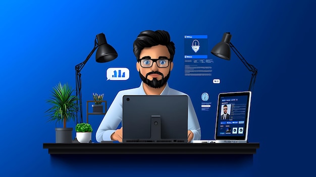 A digital illustration of a confident man working at a modern desk surrounded by technology and a plant in a vibrant blue setting