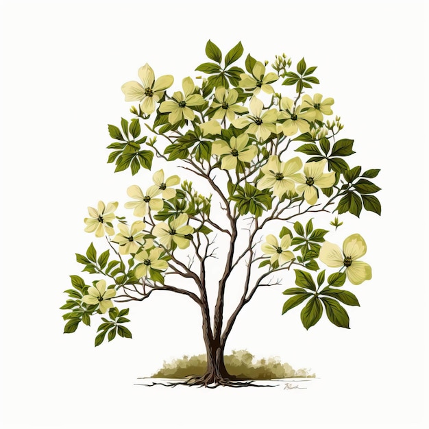 Digital Illustration Creative Tree Flowering Dogwood White Background