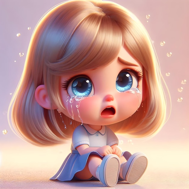 Photo digital illustration of a crying blonde girl wearing a flower crown and overalls