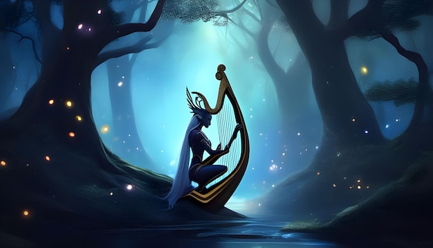 A digital illustration of a dark elf playing a harp in a mystical forest setting