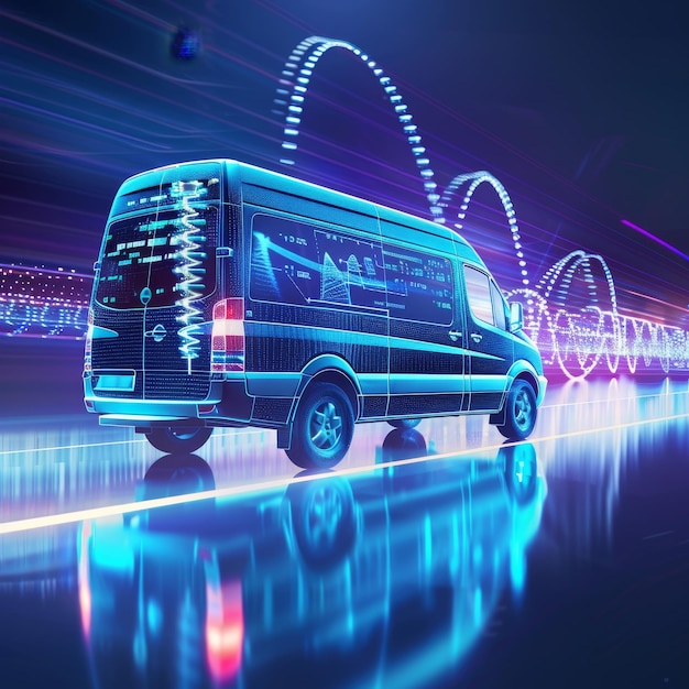 Digital illustration of a delivery van in neon light 3d rendering