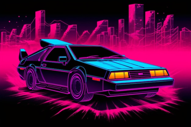 A digital illustration of a delorean car in neon colors.