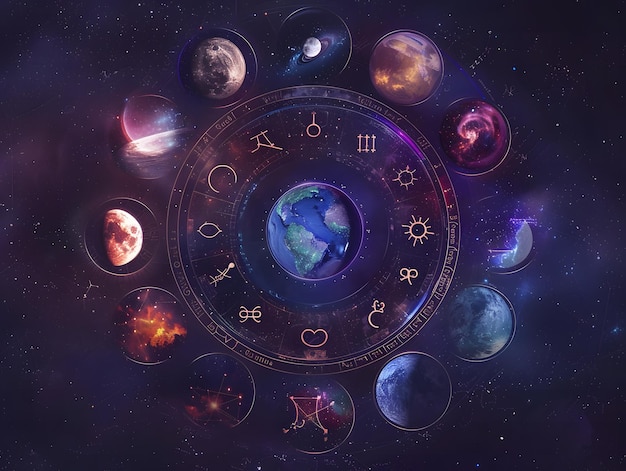 A digital illustration depicting the 12 zodiac signs arranged in a circle each associated with a corresponding planet and constellation