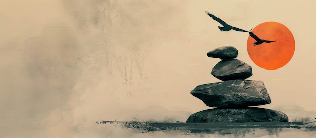 Photo a digital illustration depicting a stack of rocks arranged into an abstract silhouette of birds