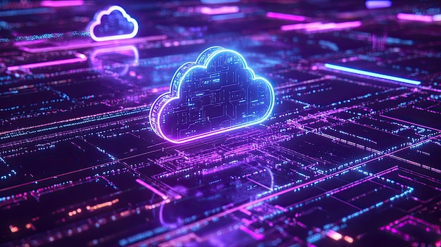 Photo a digital illustration depicts cloud computing technology with several luminous