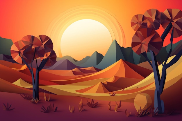 A digital illustration of a desert landscape with trees and mountains.