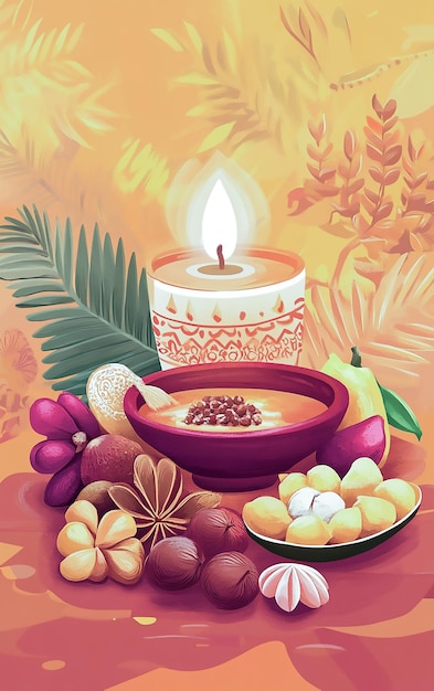 Digital Illustration of Diwali Festival with Candles Fruits and Sweets on an Orange Background