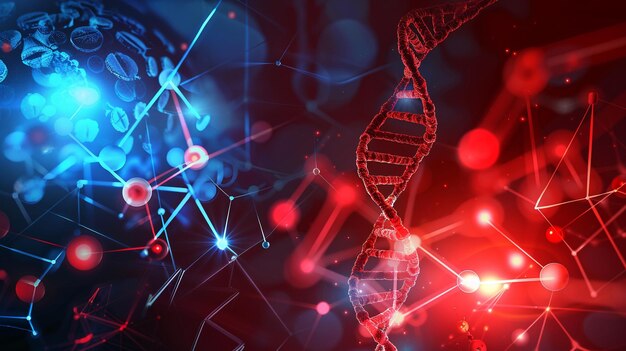 Digital illustration DNA structure in blue and red light