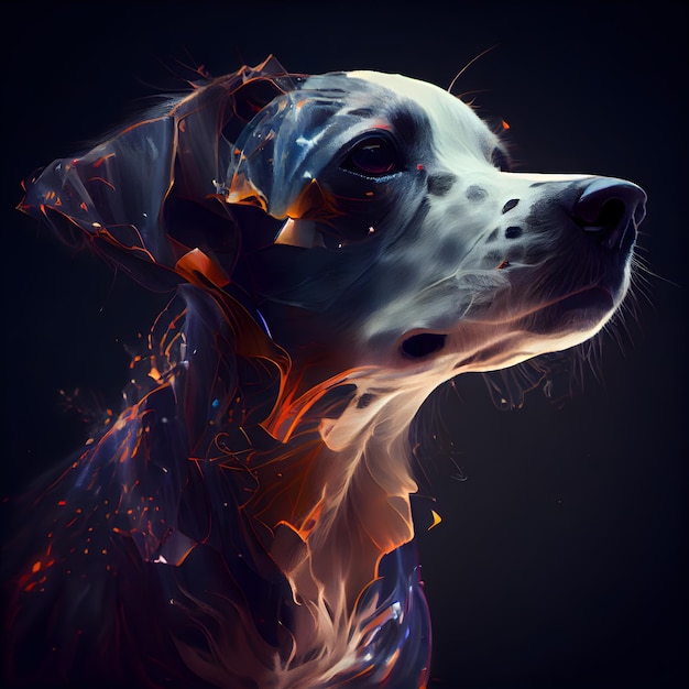 Digital illustration of a dog's head in fire with a black background