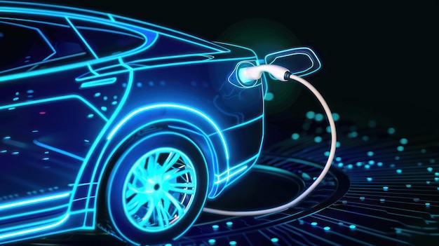 Photo a digital illustration of an electric car charging with glowing blue lines illustrating the electric vehicle concept