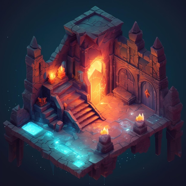 A digital illustration of a fantasy castle with a fire in the middle.