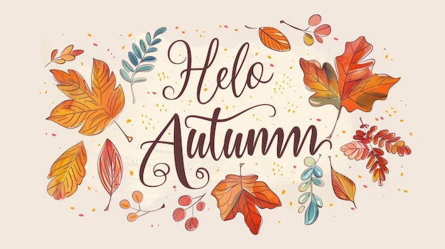 A digital illustration featuring a circle of colorful fall leaves surrounding the text Hello Autumn