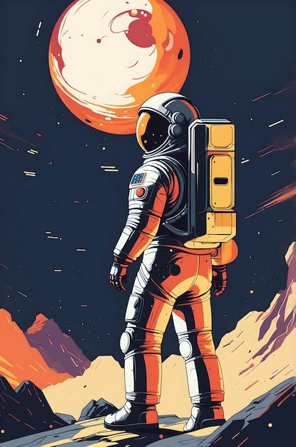 Digital illustration featuring a lone astronaut standing on a rocky terrain