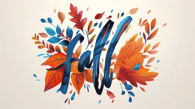 A digital illustration featuring the word fall written in stylized blue lettering surrounded by vibr