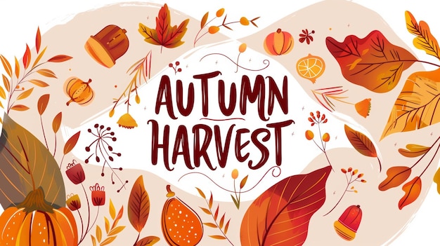 Photo a digital illustration featuring the words autumn harvest surrounded by various autumnal elements in