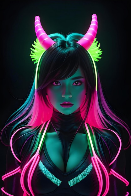 Digital Illustration of a Female Devil in a Black Background with Neon Lights