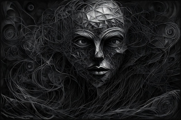 Digital illustration of a female face in a black and white image