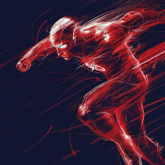 Digital illustration of a female robot in motion with a black background