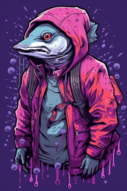 A digital illustration of a fish wearing a hoodie.